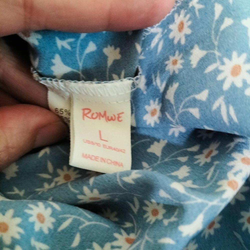 (804)Romwe Blue Ditsy Floral Print Tie Backless Mini Dress Size L - Picture 7 of 7